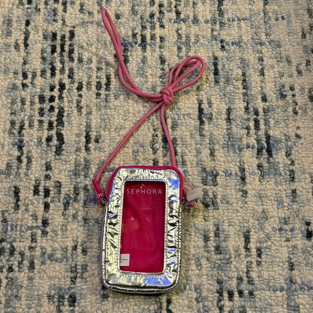 Sephora Pouch / Pink Cell Phone Case with Silver Puffer Side